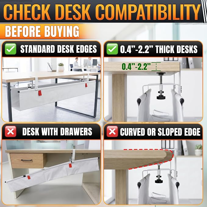 Under Desk Cable Management Tray 48" — No Drill Clamp-On Cord Organizer for Desk with Built-in Ties, Heavy Duty Metal Clamp, Foldable 600D Oxford Fabric for Home Office, WFH & Gaming PC Setup (White) - Image 5
