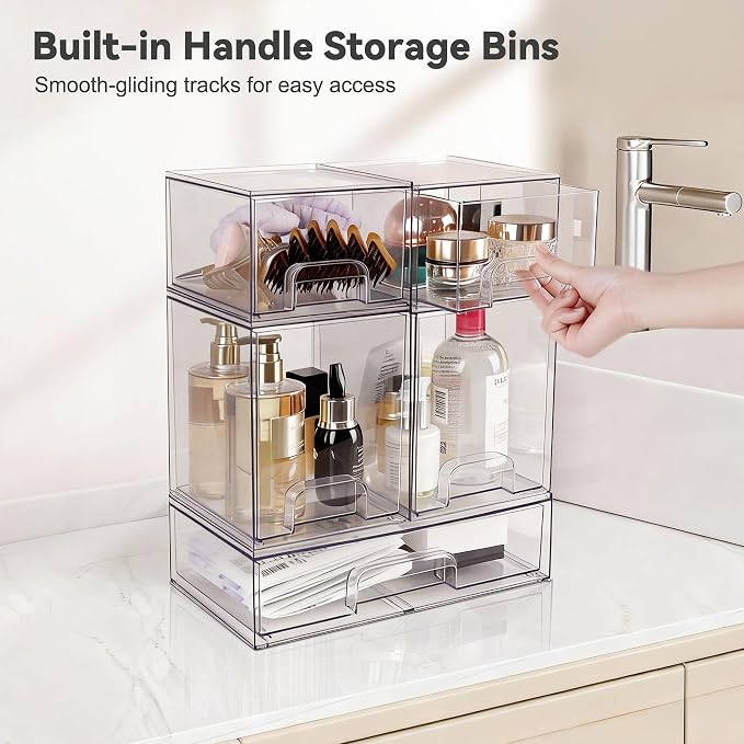 Hvygss Clear Stackable Storage Drawers, Countertop Bottle Organizer 5-Pack | Pull-Out Drawers, Waterproof, Dustproof, Bpa-Free, Space-Saving, For Vanity, Bathroom, Kitchen, Cabinet, Pantry - Image 5