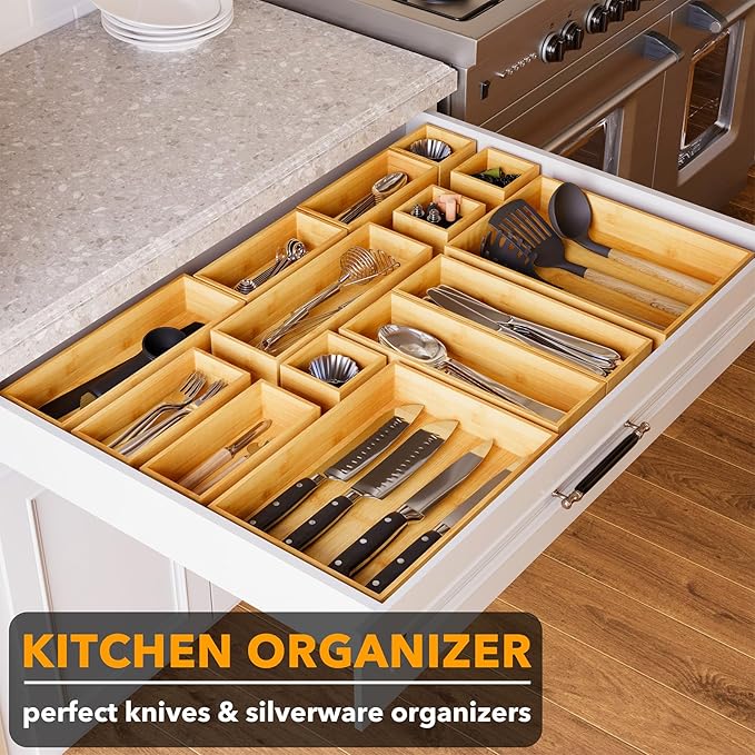 SpaceAid 21-Piece Bamboo Drawer Organizer Storage Boxes Set, Wood Tray Junk Drawer Organizers Multi-Use Divider Bins for Kitchen, Bathroom, Office Desk and Makeup Organization (21 Pack, Natural) - Image 4