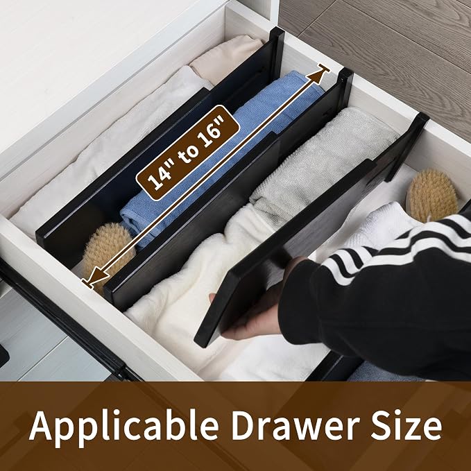 Utoplike Dresser Drawer Dividers, 4" High Black Drawer Organizers Clothes | Adjustable, Spring Loaded, Works in Kitchen, Bathroom, Bedroom, Drawer, Desk, 4 PCS for Clothing, Fit 14"-16" Inner Drawer - Image 2