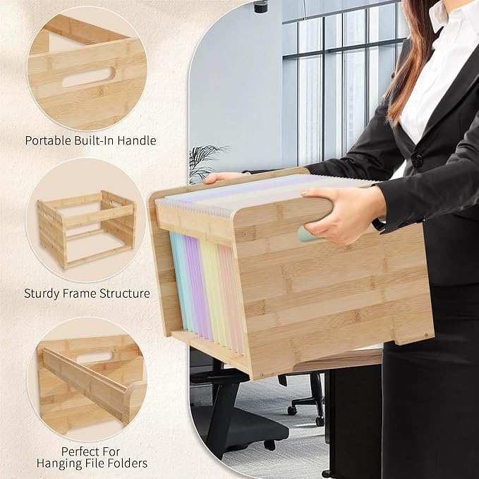 Bamboo Hanging File Organizer, Desktop File Box, Open Top, 1 Pack, Natural | Open-Top Access, 2 Hanging Folders Included, Letter & Legal Files, Sliding Rails, Reinforced Handles, Easy Assembly - Image 5