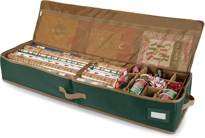 Covermates Keepsakes Gift Wrap Storage Organizer – Heavy-Duty Polyester with Buckle Straps & Interior Pockets – Holds Up to 15 Rolls of Gift Wrap with Handles & Label Window, Green by Covermates