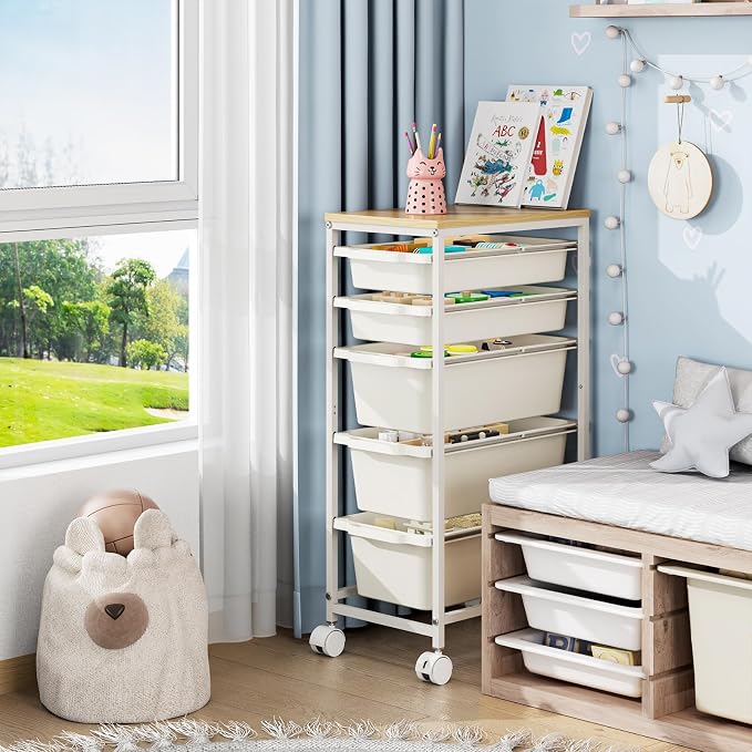 KINGBOARD Slim Rolling Cart with 5 Drawers, Metal Utility Storage Cart | Wooden Tabletop, Lockable Wheels, Table Side Trolley for Bedroom, Children's Room and Office Organization, White - Image 5