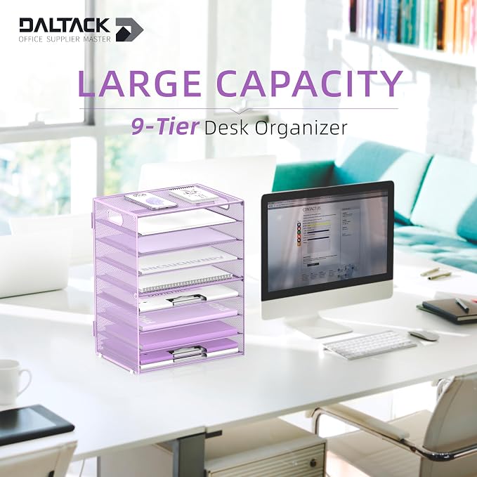 9-Tier Paper Organizer for Desk, Metal Letter Tray with Handles, Purple | Desk File Organizer with Removable Trays for Sorting Files, Folders, Mail and Printer Paper at Home, School or Office - Image 2