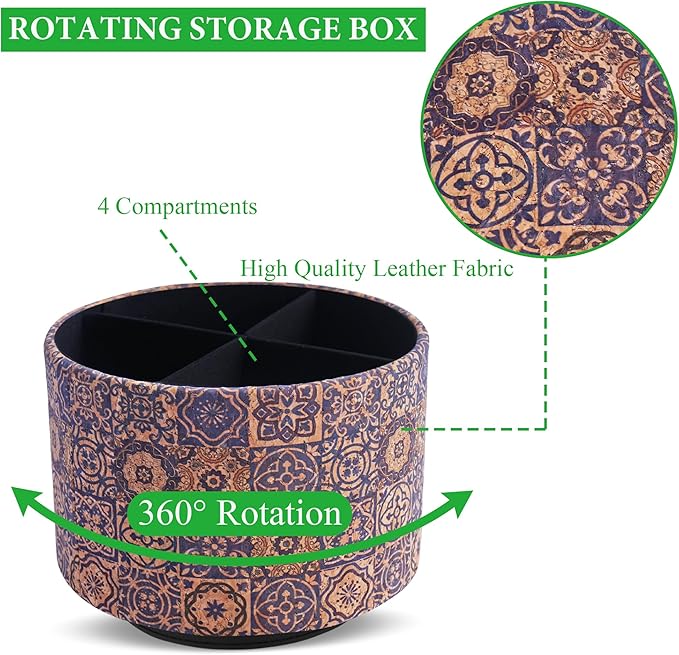 Round Leather Art Supply Organizer,Remote Control Holder,360 Degree Spinning,Multi-Functional Pencil Holder,4 Compartments Desktop Stationary Organizer(1-Wood Leather Blue)