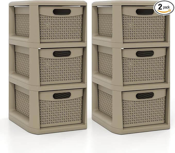 Giantex 2 Pack 3-Drawer Storage Organizer, Plastic Wicker Tower Baskets, Counterop & Under-desk Compact Container Boxes for Office, Bedroom, Bathroom, Living Room, Taupe by Giantex