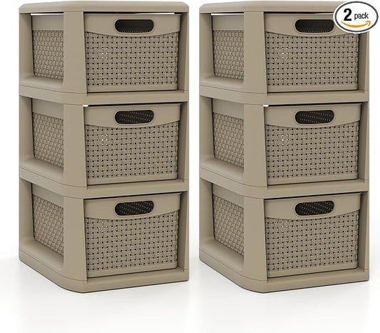 Giantex 2 Pack 3-Drawer Storage Organizer, Plastic Wicker Tower Baskets, Counterop & Under-desk Compact Container Boxes for Office, Bedroom, Bathroom, Living Room, Taupe by Giantex