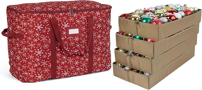 Covermates Keepsakes Adjustable Ornament Storage Bag – Heavy-Duty Polyester, Padded Dividers & FlexGrid Trays – Protective Holiday Ornament Organizer with Handles & Label Window, Red Snowflake by Covermates