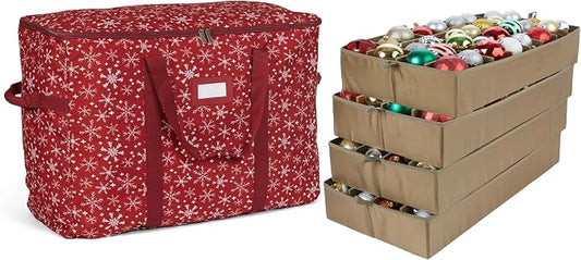 Covermates Keepsakes Adjustable Ornament Storage Bag – Heavy-Duty Polyester, Padded Dividers & FlexGrid Trays – Protective Holiday Ornament Organizer with Handles & Label Window, Red Snowflake by Covermates