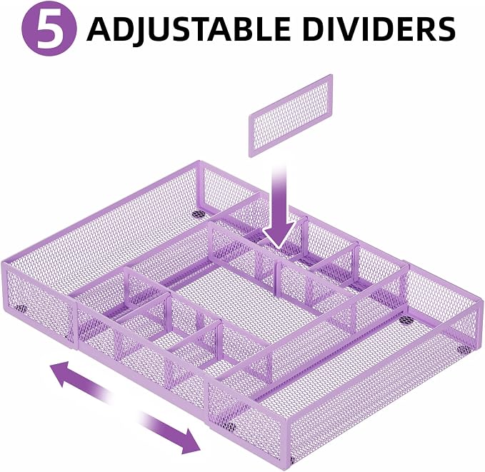 Marbrasse Expandable Desk Drawer Organizer, Mesh Drawer Organizer Tray with 10 Adjustable Compartments, Desk Organizers and Accessories for Office Supplies, Makeup & Vanity (Expandable-Purple) - Image 3