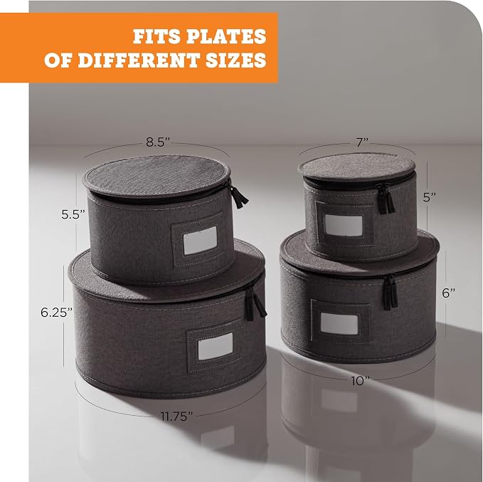4-Piece Quilted China Plate Storage Set | Felt Dividers | Gray | 4-Piece Quilted Plate Set - Dinner, Salad, Dessert & Saucer Cases, 12 Plates Each. Felt Dividers, Dual Zippers. - Image 7