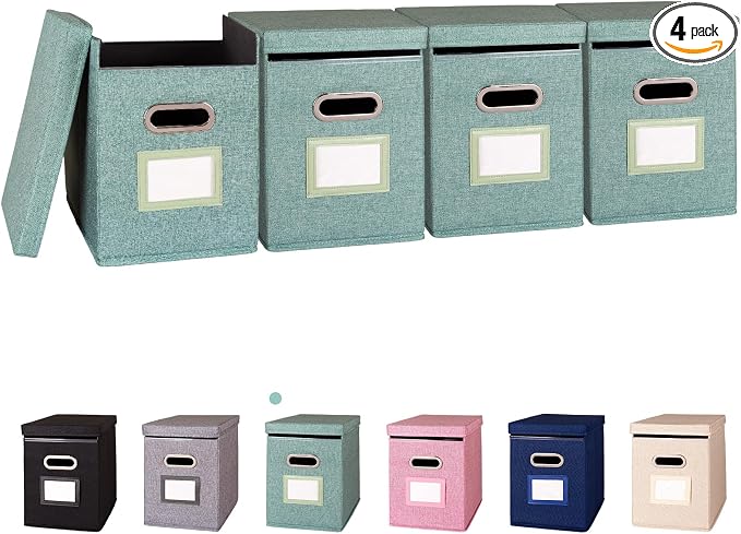 4 Pack Hanging File Folders Organizer with Lid, Letter Size Fabric File Storage Box Collapsible, Portable Office Document Holder with Metal Handle, Smooth PVC Rails, Green by ComfortKeeper