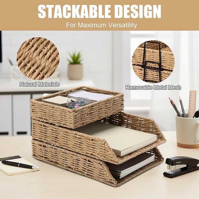 3 Pack Paper Rope Woven Stackable Desk Organizer Letter Tray, Primary Color Tabletop Desk Basket for Storage Paper Letter Folders Notebooks Copy Print, Workspace Holder - Image 4