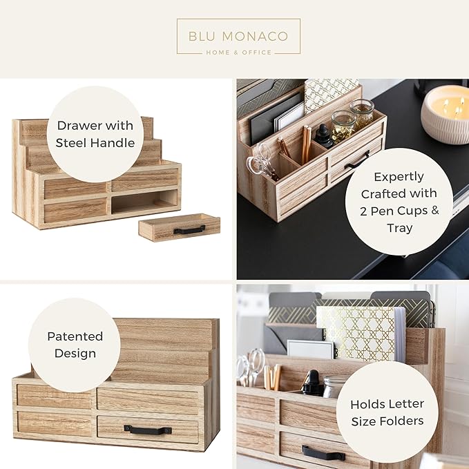 BLU MONACO | Natural Wood Mail Organizer with Drawer & Pen Holder | Rustic Desk Organizer for Bills, Letters & Countertop Storage | Wooden Desktop Mail Sorter for Home & Kitchen - Image 5