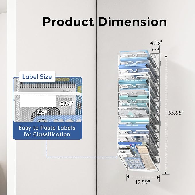 14-Tier Wall File Organizer and Hanging File Organizer, White | Wall Organizer and Wall Mounted File Holder with 14 Pockets and Label Panels for Files, Mail, Folders, Magazines and Paper - Image 2