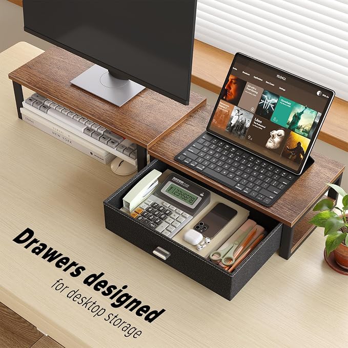 WOHOMO Dual Monitor Stand Riser with Drawers, Desk Organizers for 2 Monitors, Desktop Storage Stand for Computer,Laptop,Walnut - Image 4