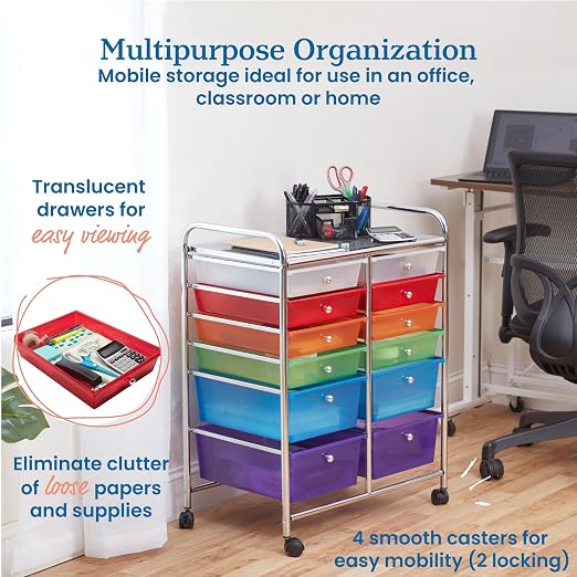 ECR4Kids 12-Drawer Everyday Mobile Storage Utility Cart, Mobile Organizer, Assorted - Image 5