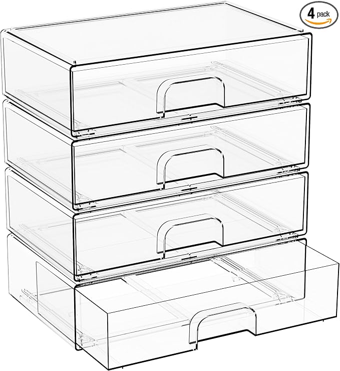 12.2''W Clear Stackable Storage Drawers,4 Pack Acrylic Drawers,Bathroom Organizer Bin and Plastic Makeup Organizer,Clear Stacking Brightroom Storage Boxes for Vanity,Cabinet,Pantry Organization by Yieach