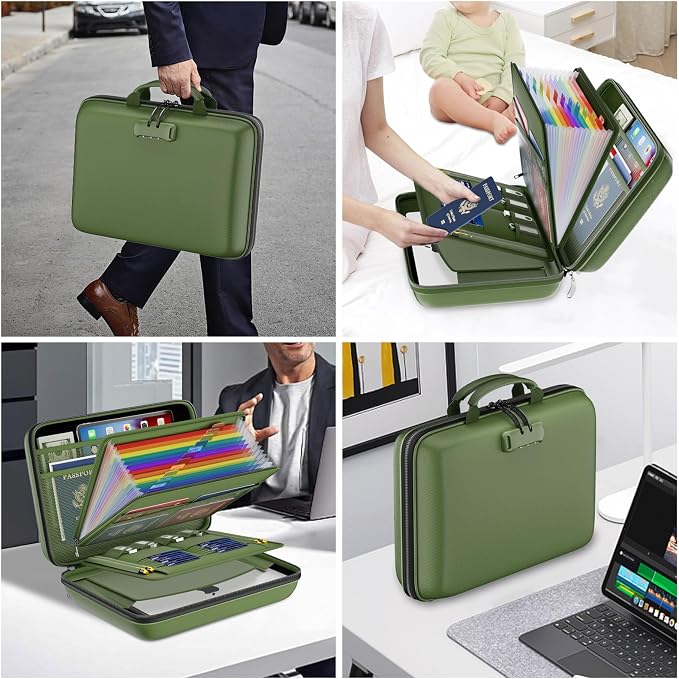 DocSafe Fireproof File Organizer with Lock, Hard-Shell Case Fireproof Document Box with 13 Pocket Accordion File Folder, Portable Home Office Travel Safe Storage for Important Documents Laptop Green - Image 5