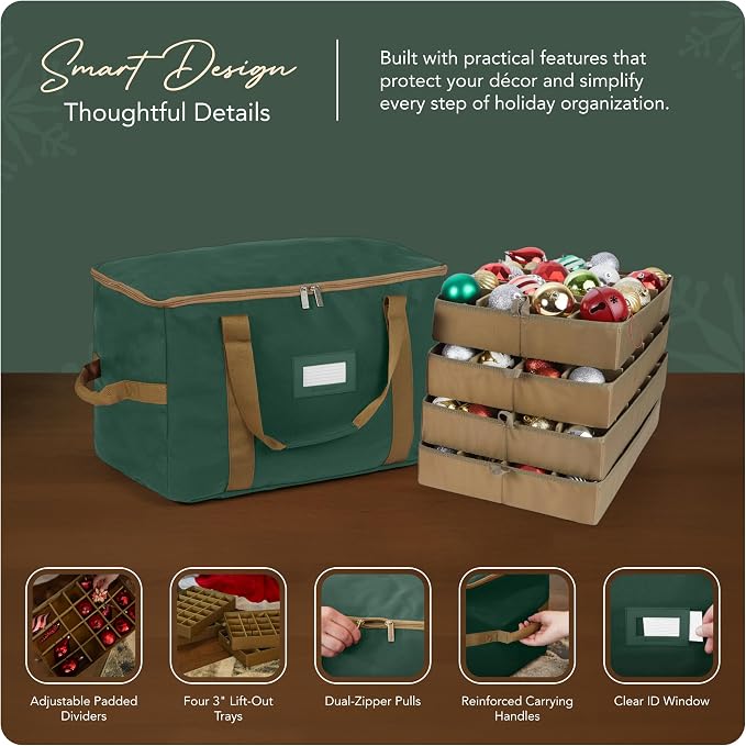Covermates Keepsakes Adjustable Ornament Storage Bag – Heavy-Duty Polyester, Padded Dividers & FlexGrid Trays – Protective Holiday Ornament Organizer with Handles & Label Window, Green - Image 4