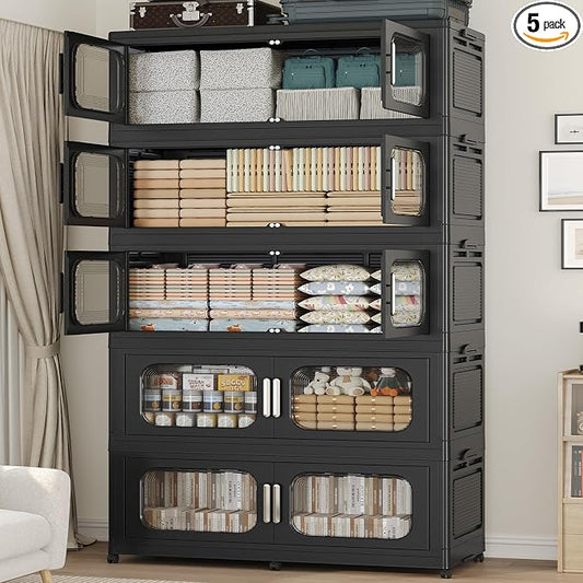 250Gal Exra Large Stackable Storage Bins with Lid, 1000QT Collapsible Storage Box with 6x Wheels, Folding Plastic Cabinet Container with Door Drawer for Home Kitchen Office Dorm, 5Pack Black by KUYIGAME