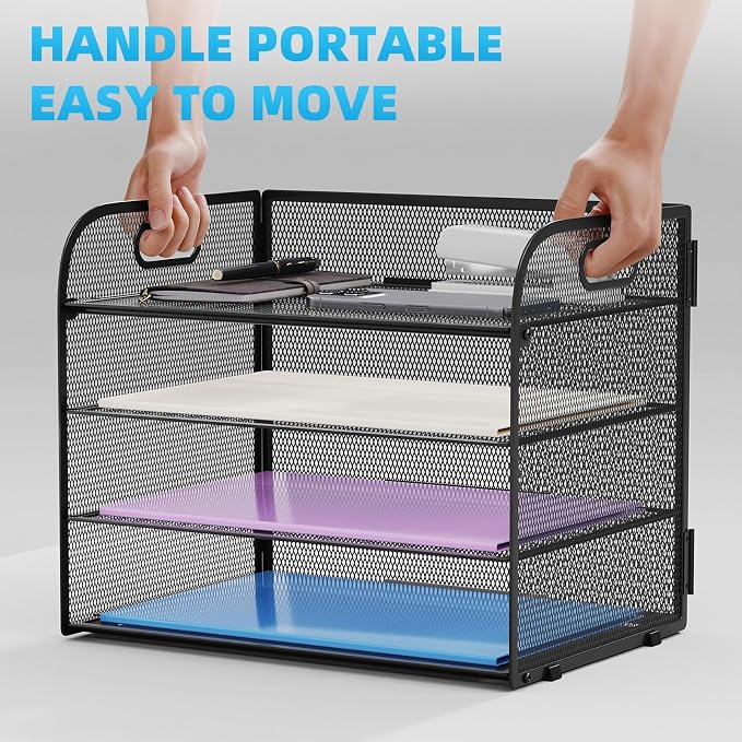 Marbrasse 2 Pack 4 Tier Paper Organizer Letter Tray - Mesh Desk File Organizer with Handle, Paper Sorter Organizer for Letter/A4 Office File Folder Holder (Black, 12.6" x 9.1" x 10.7") - Image 5