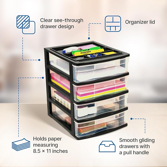 Gracious Living 4 Drawer Desktop & Countertop Organizer w/Organization Lid for Craft Storage, Office Supplies & School Supplies, Black/Clear (2 Pack) - Image 4
