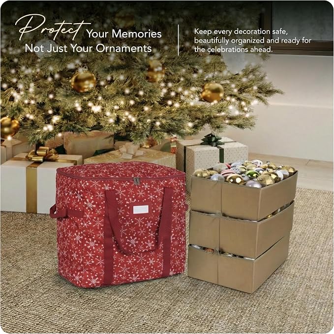 Covermates Keepsakes Adjustable Ornament Storage Bag – Heavy-Duty Polyester, Padded Dividers & FlexGrid Trays – Protective Holiday Ornament Organizer with Handles & Label Window, Red Snowflake - Image 2