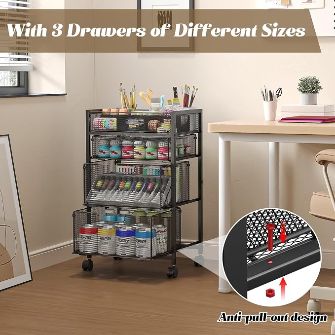 4-Tier Rolling Utility Cart with 3 Drawers, Craft Organizer and Storage with DIY Divider, Art-Craft Supplies with Caster Wheels, Multi-Functional Storage For Classroom, Office, Paints, Artifacts - Image 5