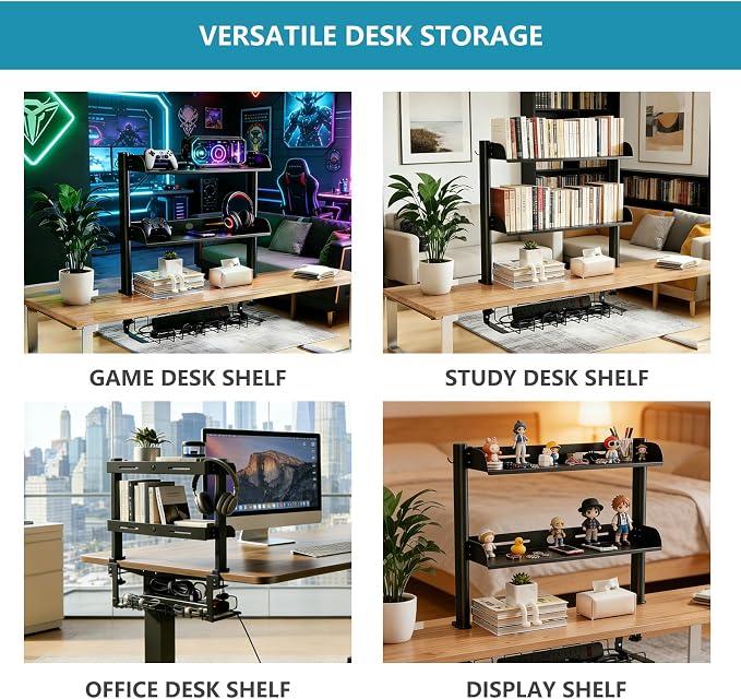 Clamp on Desk Shelf,3 Tier Desktop Organizer,Adjustable Clamp on Desk Top Organizer with Under Desk Hidden Storage Basket&Hooks,No Drilling Desk Clamp Storage Shelves for Working Gaming Accessories - Image 8