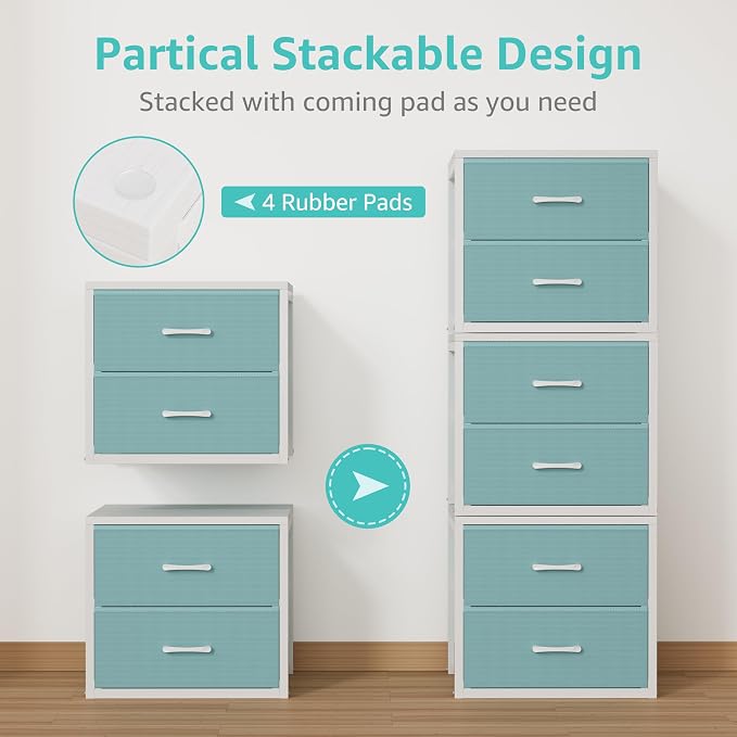 BOLUO Stackable Storage Drawers Closet Organizers and Storage Fabric Blue 2 Drawer Dresser for Bedroom 2 Packs Modern - Image 5