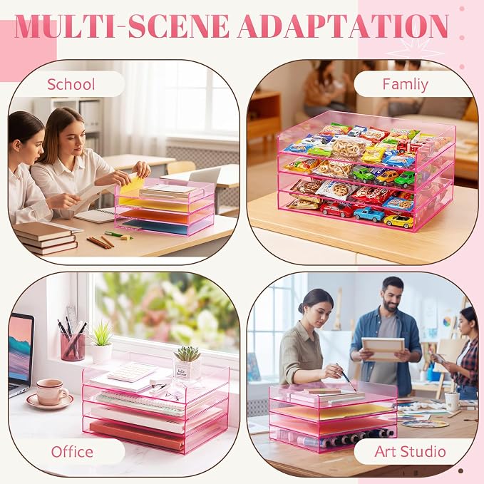 Harloon 4 Tier Clear Hot Pink Acrylic Paper Organizer Letter Tray, Aesthetic Stackable Low Profile Desk File Organizer Modern Heavy Duty Paper Holder Tray for A4, Office Home File Pad Books Notes - Image 6