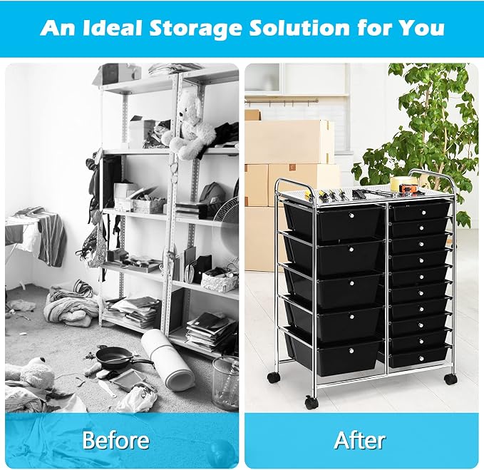 Moccha 15-Drawer Rolling Storage Cart - Under Desk Storage Drawers with wheels for Craft Art Supply Paper Salon, Scrapbook Paper Tools, Mobile Utility Cart for Classroom (15 Drawers, Black) - Image 5