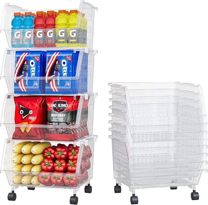 Large Stackable Storage Bins Open Front with Wheels, 8 Pack - Clear | Easy Assembly, Sturdy Plastic, Open Front Access, Smooth 4 Rolling Wheels, Stackable, Large Capacity Storage by Skywin