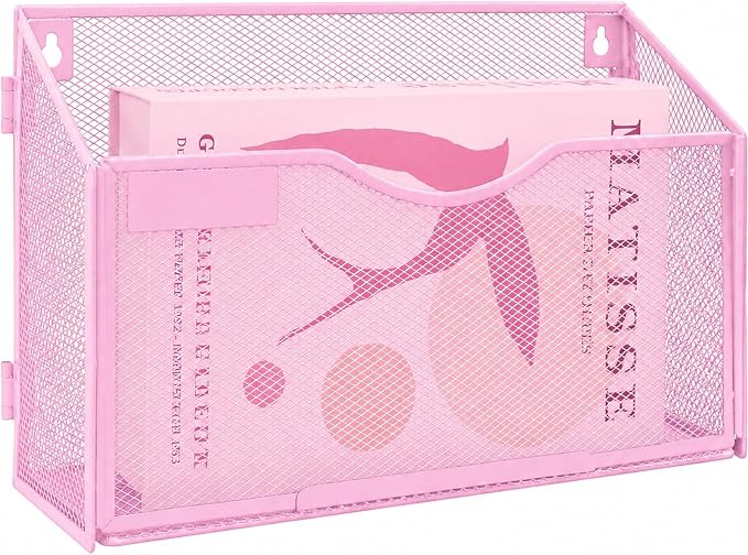 1 Pocket Mesh Wall File Holder Organizer Office Hanging File Folder Magazine Rack, Nametag Label Hooks Set Included (Pink) by ideallife