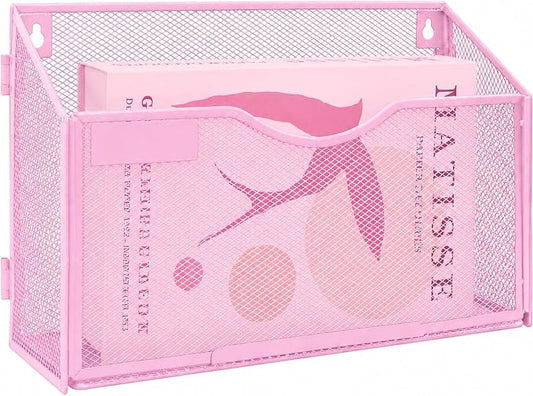 1 Pocket Mesh Wall File Holder Organizer Office Hanging File Folder Magazine Rack, Nametag Label Hooks Set Included (Pink) by ideallife