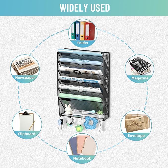 7-Tier Wall File Organizer with 5 Hooks, Wall Mounted Mail Organizer | File Holder Organizer, Metal Mesh Office Wall Organizer for Home, School & Classroom - Image 5