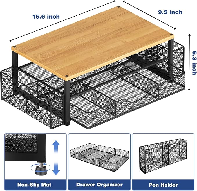 Desk Organizers and Accessories, Computer Monitor Stand Riser with Drawer and 2 Pen Holders, Printer & Laptop Stand, Office Desk Accessories & Workspace Organizers for Home Office Supplies, Oak - Image 3