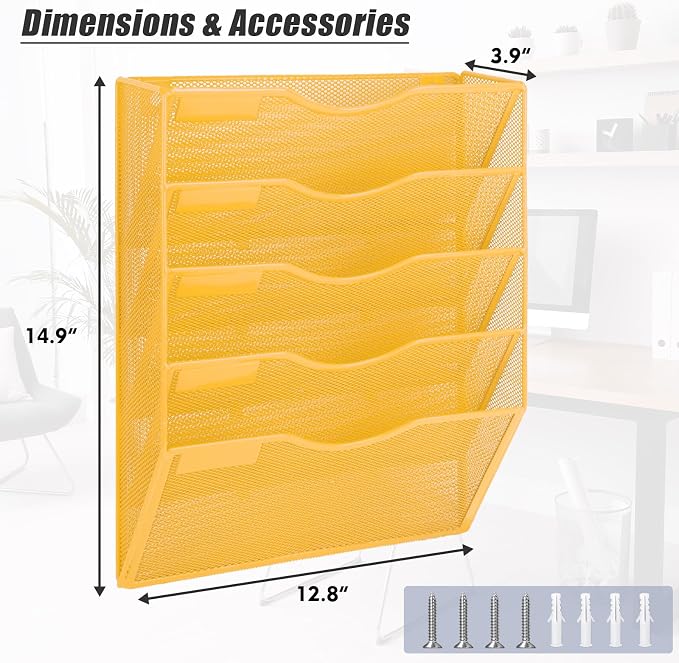 5 Pocket Mesh Hanging Wall File Organizer, Wall Mounted Mail Paper Document Folder Holder, Clipboard Storage Organization Magazine Rack with Nametag Label for Office Home School, Yellow - Image 2