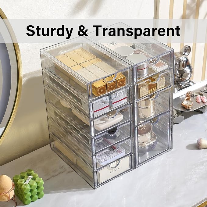 Prsildan Hair Accessories Organizer Acrylic Drawer with 10 Drawers | Clear, Craft Art Supply Storage, For Office Desk Bathroom Vanity Countertop, Set of 2 - Image 7