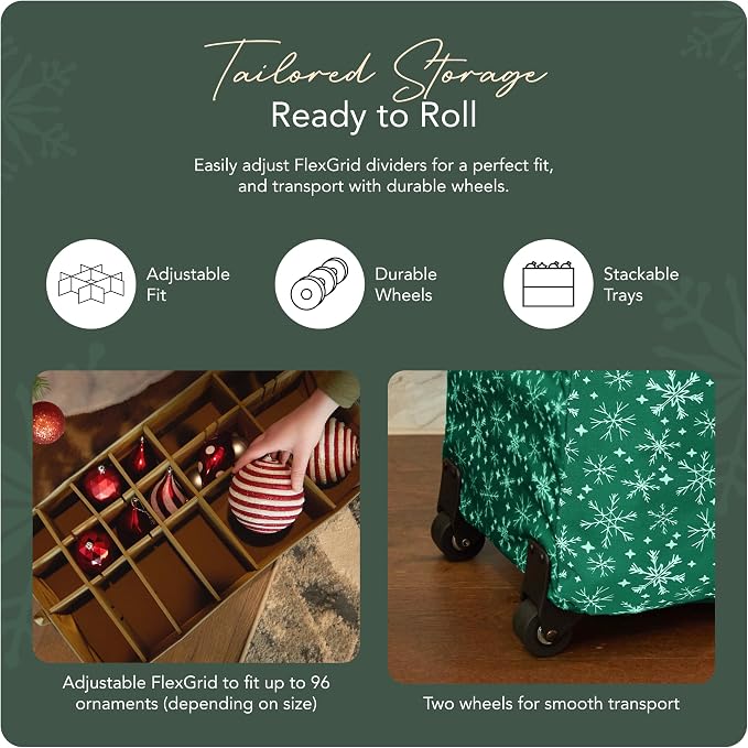 Covermates Keepsakes Rolling Adjustable Ornament Storage Bag – Heavy-Duty Polyester, FlexGrid Trays & Padded Dividers – Protective Holiday Organizer with Wheels, Handles & ID Window, Green Snowflake - Image 5