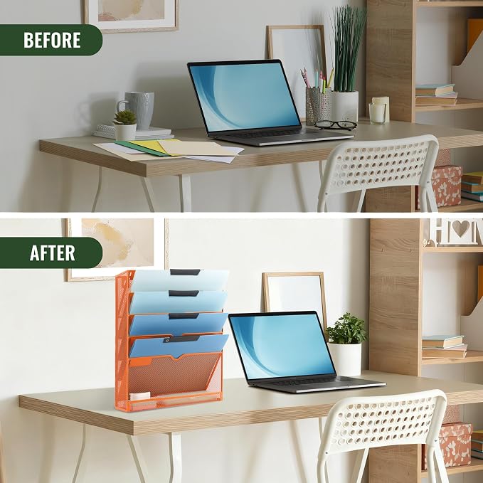 6 Tier Mesh Hanging Wall File Organizer, Desk Vertical Mail Paper Document Folder Holder Rack with Bottom Tray and Nametag Label for Office Home School, Orange - Image 5