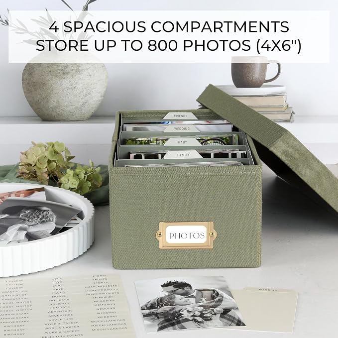 ZICOTO Decorative Photo Storage Box - Sturdy Linen Photo Organizer with Dividers is Perfect to Store Up to 850 Pictures and 4x6 Photos - Portable Scrapbook Storage Containers with Lid - Image 5