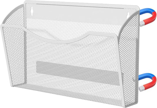 MINDEPOT Magnetic Wall File Organizer, Hanging File Holder, 1 Pack, White | Heavy Duty Iron, Powerful Magnet, Metal Mesh Wall Mount, Single Pocket, for Office School Classroom Home, Letter A4 Size by MINDEPOT