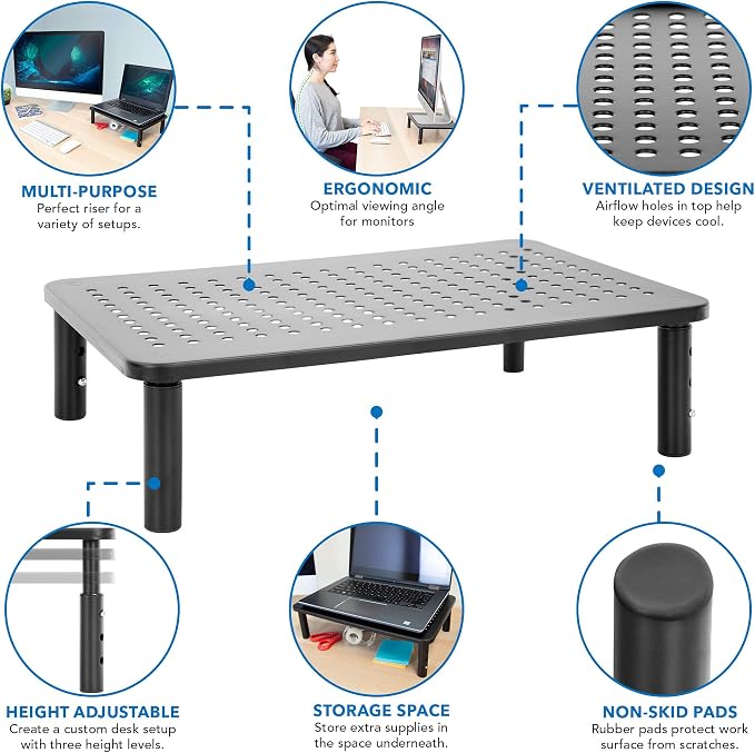 Mount-It! Metal Monitor Riser 2-Pack | Height Adjustable Computer Display and Laptop Stand for Desktop | Fits Up to 32" Screens, 44 Lbs Capacity, Set of Two Risers - Image 4