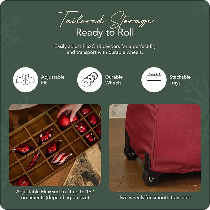 Covermates Keepsakes Rolling Adjustable Ornament Storage Bag – Heavy-Duty Polyester, FlexGrid Trays & Padded Dividers – Protective Holiday Organizer with Wheels, Handles & ID Window, Red - Image 5