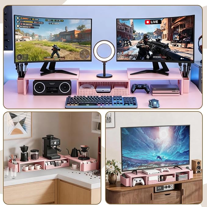 LEKETREE Dual Monitor Stand Riser with Drawer, Desk Organizer and Accessories, Monitor Stand for Desk, Desktop Stand for Computer, Laptop, TV and More (Pink) - Image 4