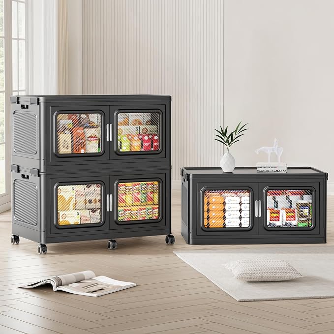 BROVIEW 660 Qt/165 Gal Stackable Storage Bins with Lids, 3 Pack, Black | Large Stackable Storage Boxes w/ 3 Lid Folding Plastic Cart Organizer for Home Kitchen, Open Front Clear Door with Wheels by BROVIEW-EnjoytheArtofLife