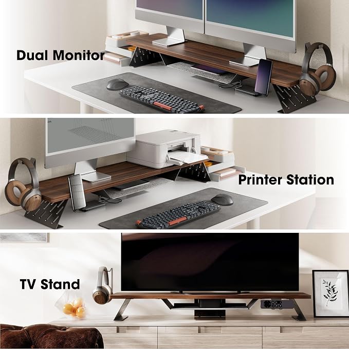 Fenge Dual Monitor Stand, Wooden Desk Shelf with Headphone & Phone Holder | 42.5" Monitor Riser with Storage Shelf, 2-Tier Monitor Shelf with Metal Leg for Home Office Organizer, Brown - Image 8