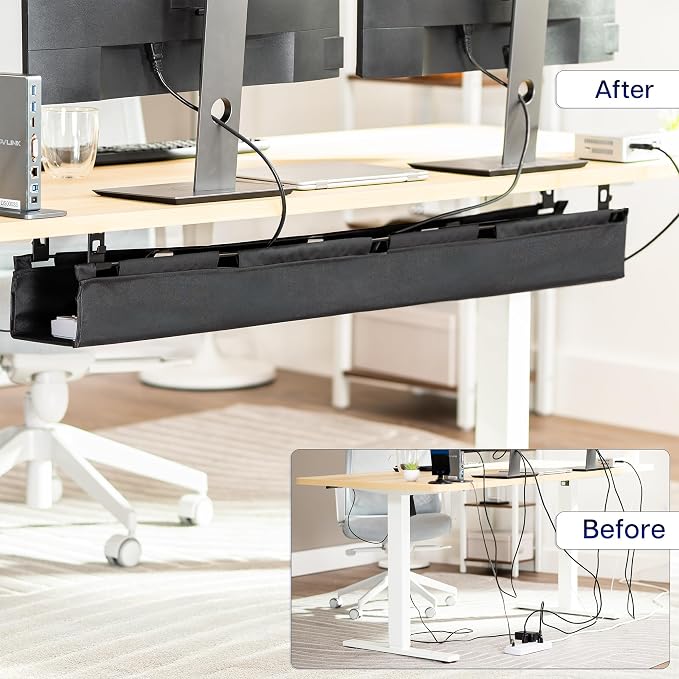 VIVO Screw-on Under Desk 47 inch Fabric Cable Management Tray, Wire Concealer, Power Strip Storage, Workspace Organization, Easy Fold Down Access, Black, DESK-AC47F-S - Image 2
